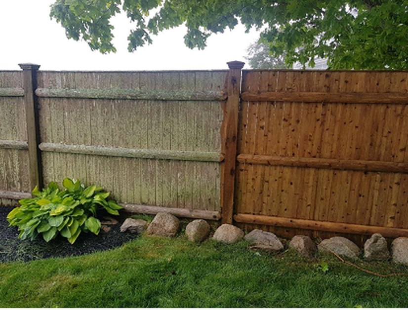 A fence halfway through cleaning: the left half still green with growth, the right half restored to natural wood